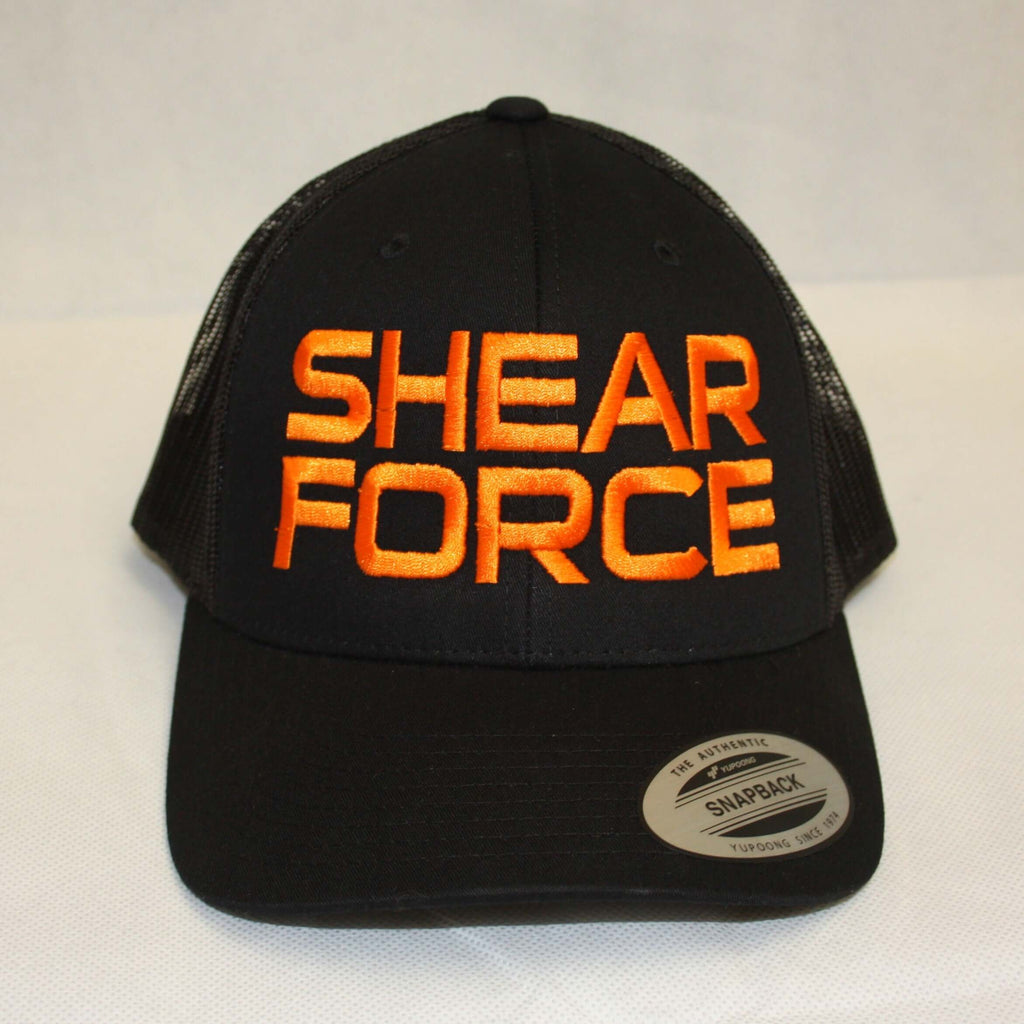 Orange on Black embroided retro trucker cap - SHEARFORCE Power Products Limited