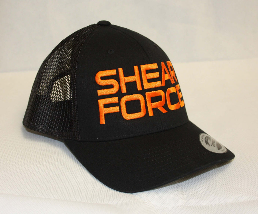 Orange on Black embroided retro trucker cap - SHEARFORCE Power Products Limited